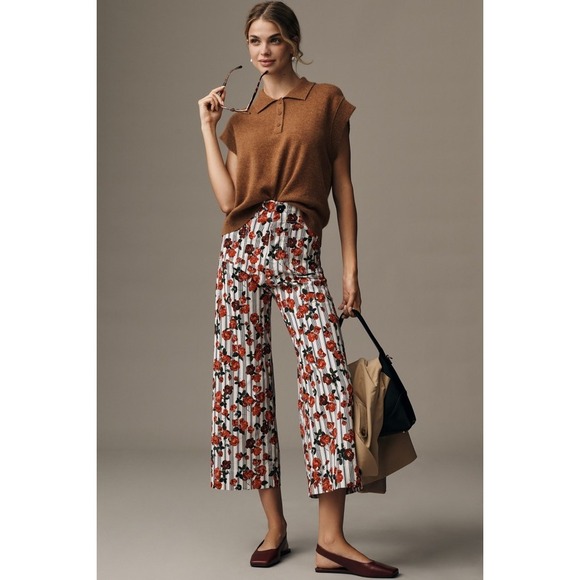 Anthropologie Pants - Anthropologie Maeve The Colette Cropped Wide-Leg Rose Printed Pants Sz 34 NWT‎